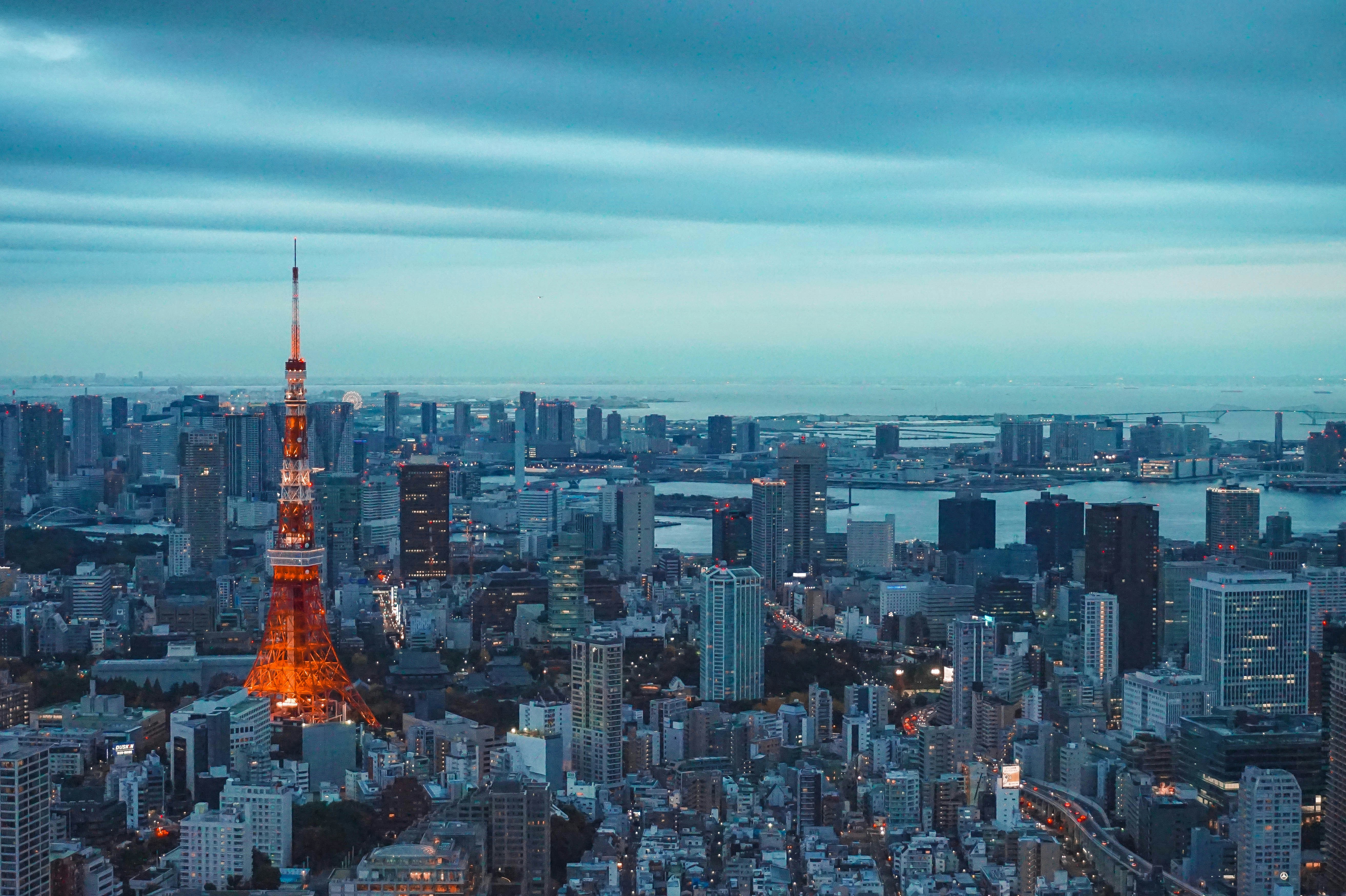 Tokyo skyline at dusk from Metropolitan Government Building showing skyscrapers